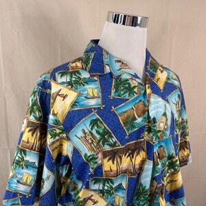 Hilo Hattie Large Hawaiian Aloha Shirt Blue Scenic Sights Tropical Floral Mens